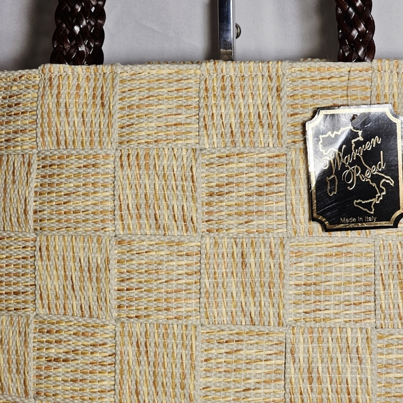 NWT Vintage Warren Reed Cream Fabric/Gold Straw Basketweave Design Shoulder Bag - Picture 4 of 10